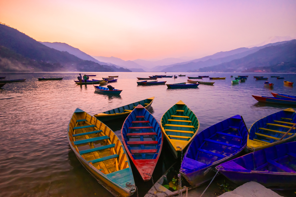Twilight with Boats on Phewa Lake, Pokhara, Nepal